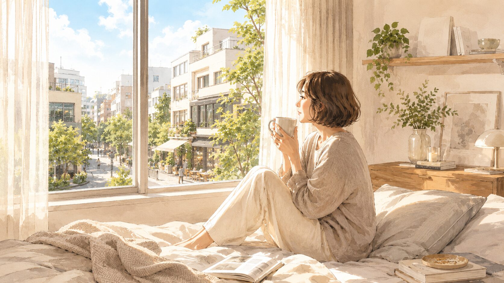 窓の外を眺める女性